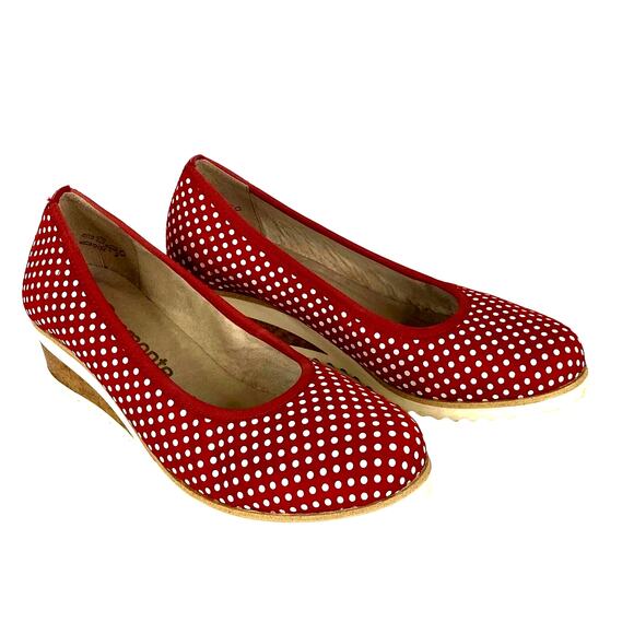 REMONTE Red Polka Dot Wedge Heels Womens US 6-6.5 Retro 50s Pin Up Rockabilly - Picture 2 of 11